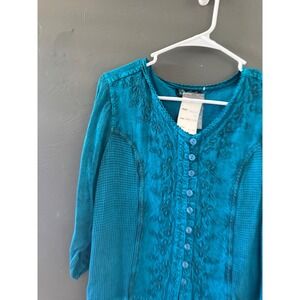 Flower Teal Blue Embroidered Boho Button Front Blouse Ruffle Hem Free Size NEW